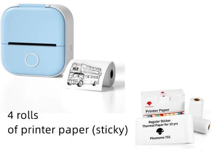 Compact Bluetooth-enabled thermal label printer in white, pink, and green colors with various label options