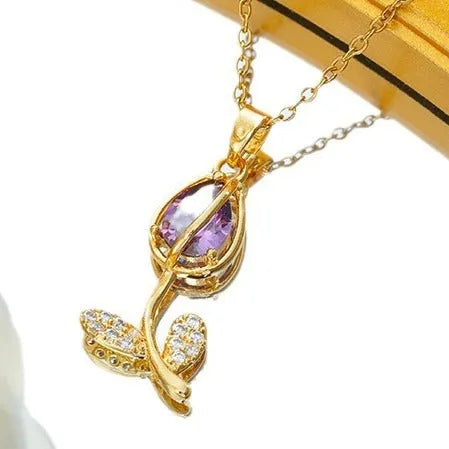Zircon Tulip necklace with floral pendant on adjustable O-ring chain in gold colour options