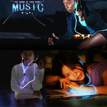 Magic Light LED Earphones in blue, green, or pink with aluminium alloy shells and EL light lines syncing to music rhythm.