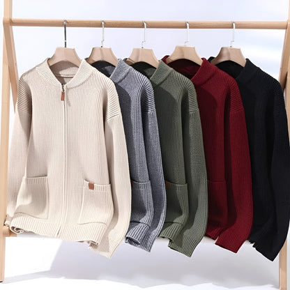 Men's straight-fit striped cardigan jacket in a Vinylon-blend knit, shown in one of five colour options.