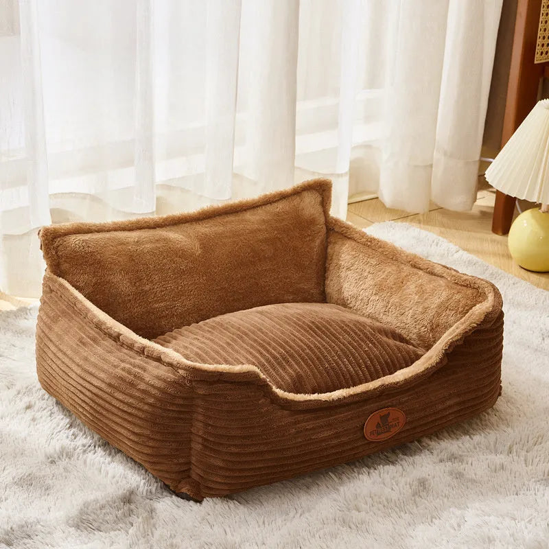 Coffee coloured removable washable pet kennel cushion bed for small medium dogs cats on a wooden floor