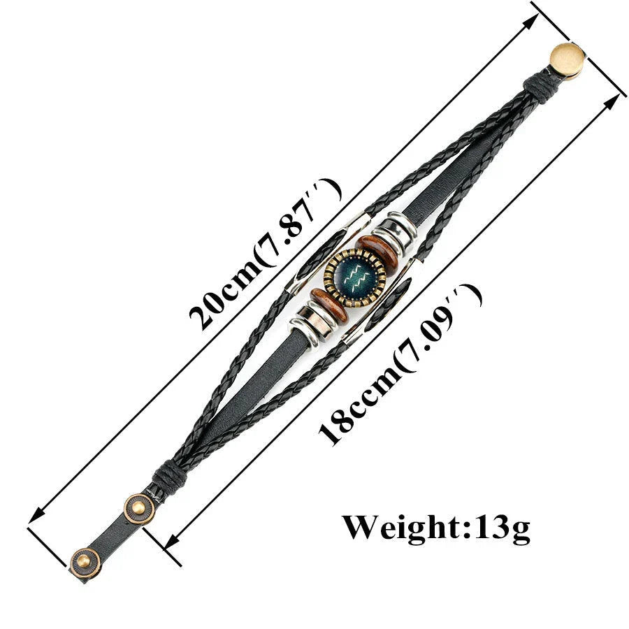 Premium 12-Sign Zodiac Leather Bracelet for Men, featuring captivating glass art and adjustable leather design