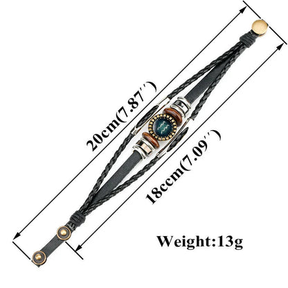 Premium 12-Sign Zodiac Leather Bracelet for Men, featuring captivating glass art and adjustable leather design