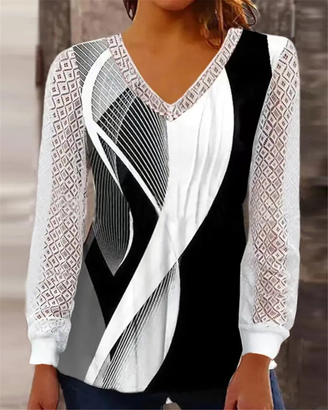 Loose V-neck women's top with hollow-out lace print in purple, wine red, grey or blue