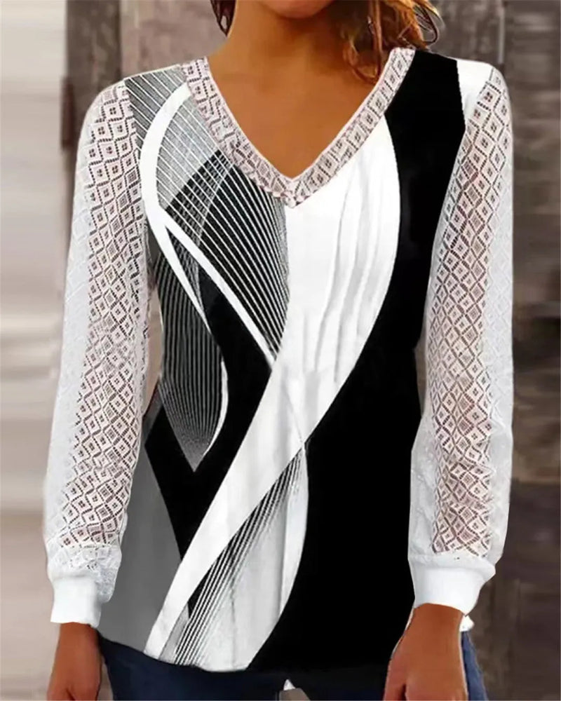 Loose V-neck lace tops for women with hollow-out print design in polyester fabric, available in four colours including purple, wine red, grey and blue across six sizes from S to 3XL with medium length of 65cm for casual pullover styling
