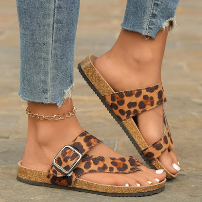 Leopard print Roman style slippers with wooden sole and round toe design