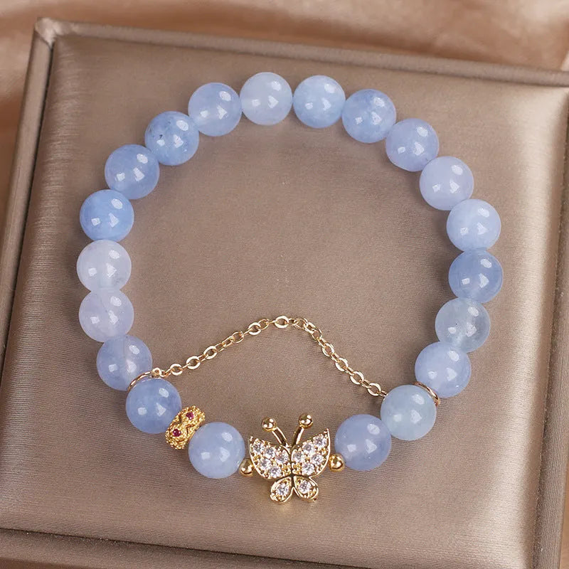 Sky blue aquamarine butterfly crystal bracelet for women with pearl accents and rhinestones