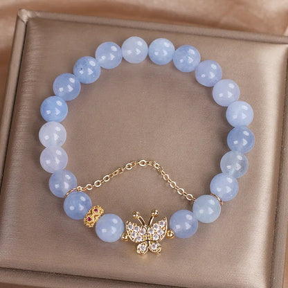 Sky blue aquamarine butterfly crystal bracelet for women with pearl accents and rhinestones