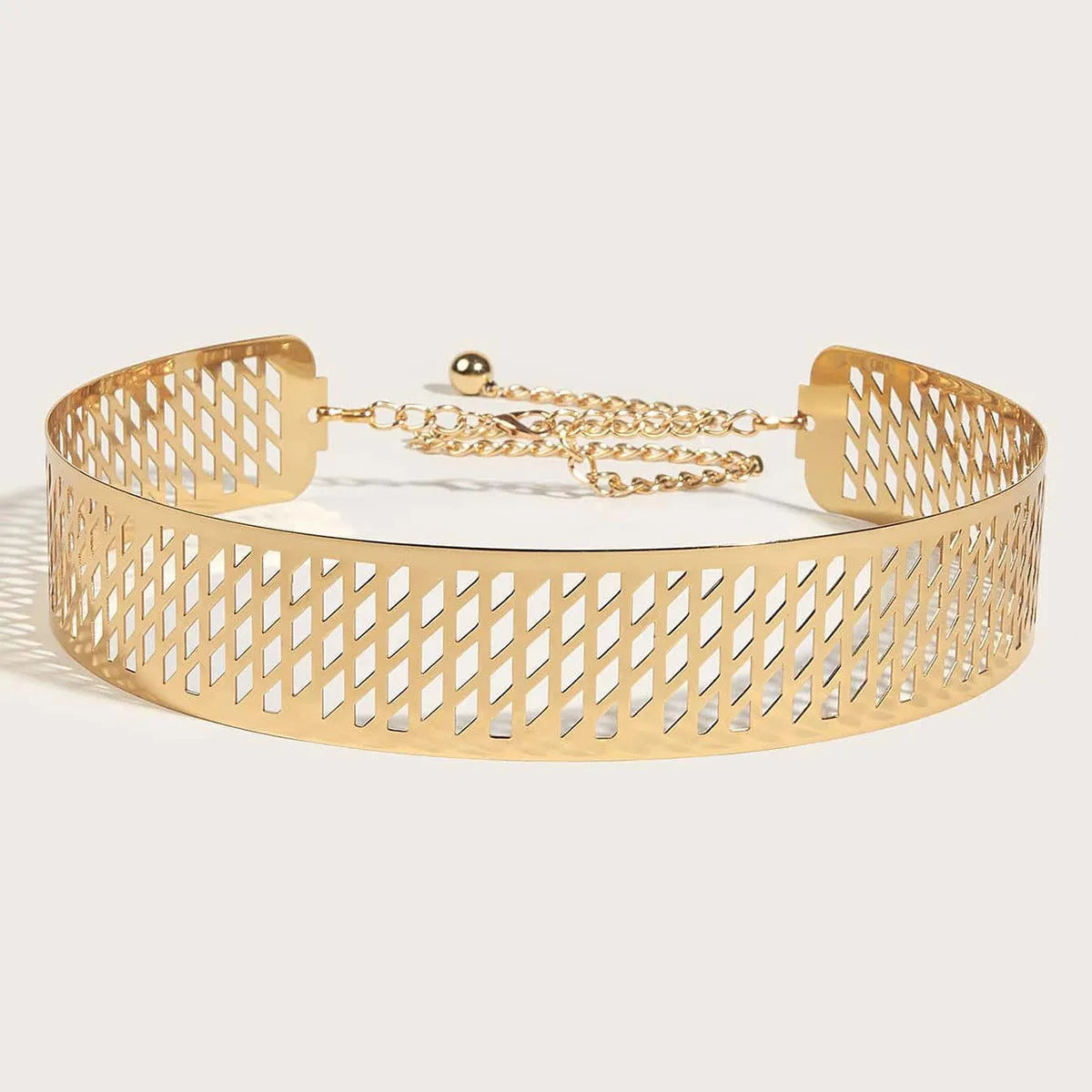 Golden Lantern Head Punching Net Flower iron waist ring belt in gold, showing thick 4.5cm width and alloy buckle.