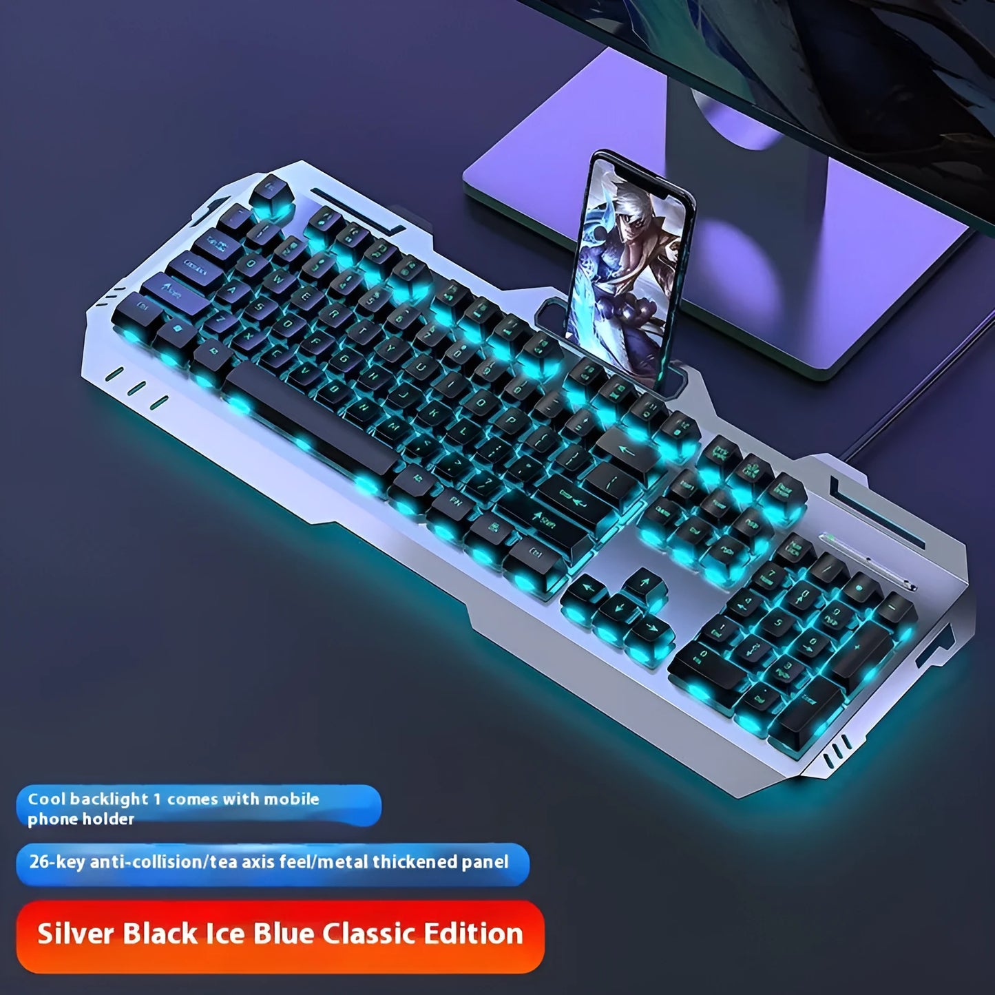 Aluminium alloy mechanical gaming keyboard with rainbow lighting, shown with a macro mouse and gaming headset.