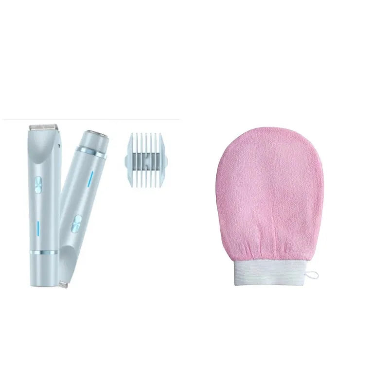 Pink electric shaver with double head, USB cable, and brush for women's body grooming