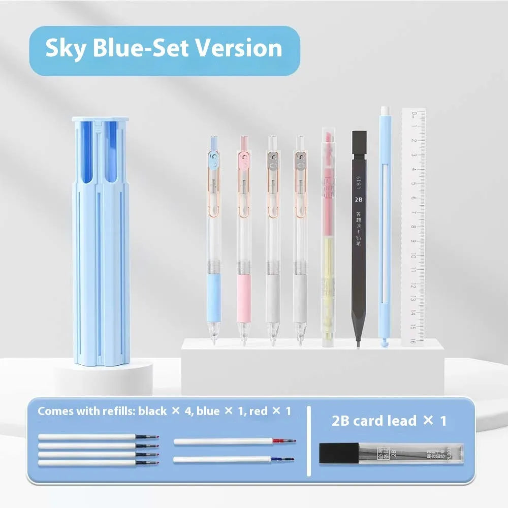 Portable pressing pen pencil box kit with plastic case containing pens in vigorous white, sky blue, or girl pink colour
