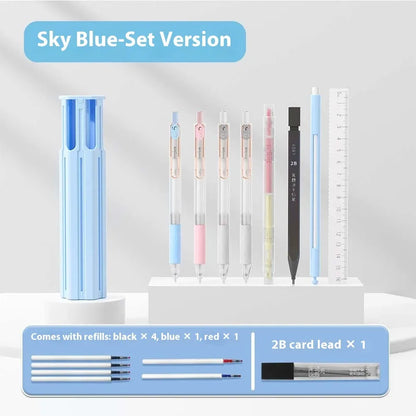 Portable pressing pen pencil box kit with plastic case containing pens in vigorous white, sky blue, or girl pink colour