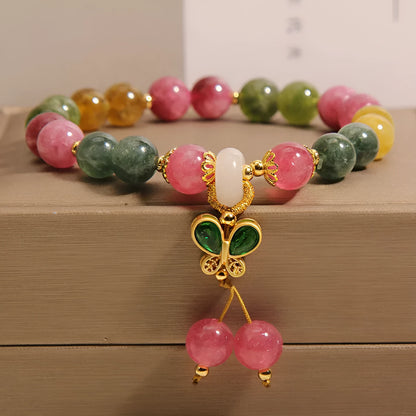 Colourful butterfly pendant tourmaline bracelet with natural jade stones and rhinestone decoration on alloy setting