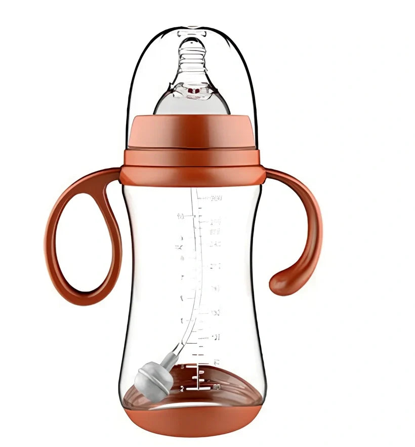 Blue PP baby feeding bottle with curved handles, 240mL capacity, wide calibre, transparent BPA-free design for easy cleaning