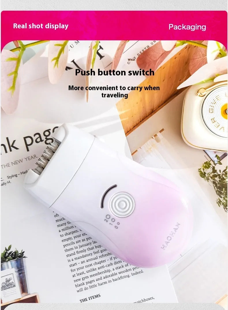 Pink three-in-one USB electric hair removal device with shaving head, grinding head, and skin rub attachment