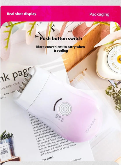 Pink three-in-one USB electric hair removal device with shaving head, grinding head, and skin rub attachment