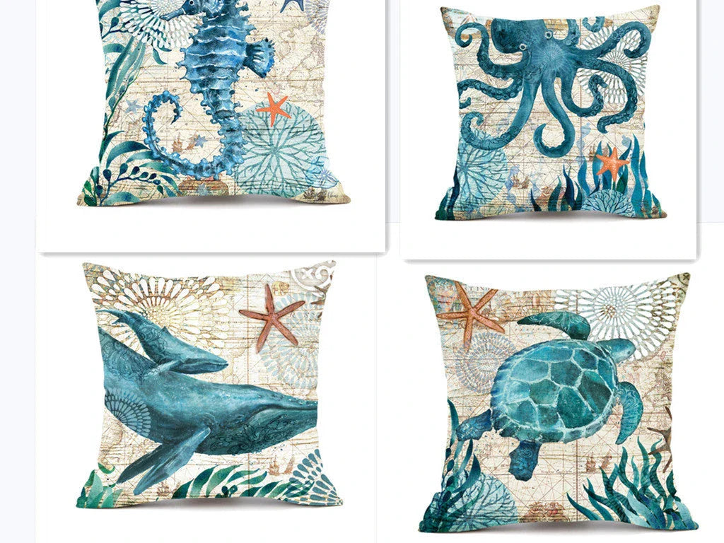 Colorful throw pillow covers featuring vibrant sea creature designs like turtles, octopuses, and seahorses printed on soft, durable linen fabric