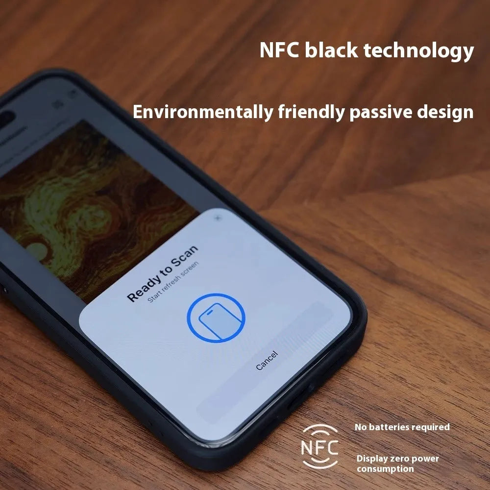 NFC projection screen e-ink phone case with bracket in Graphite Black, Green, and Pink for iPhone Pro models.