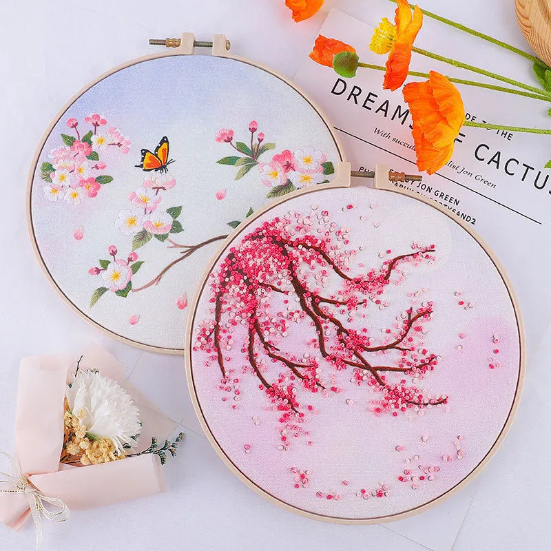 Nordic style grass leaf pattern embroidery kit on canvas fabric with floral colour options