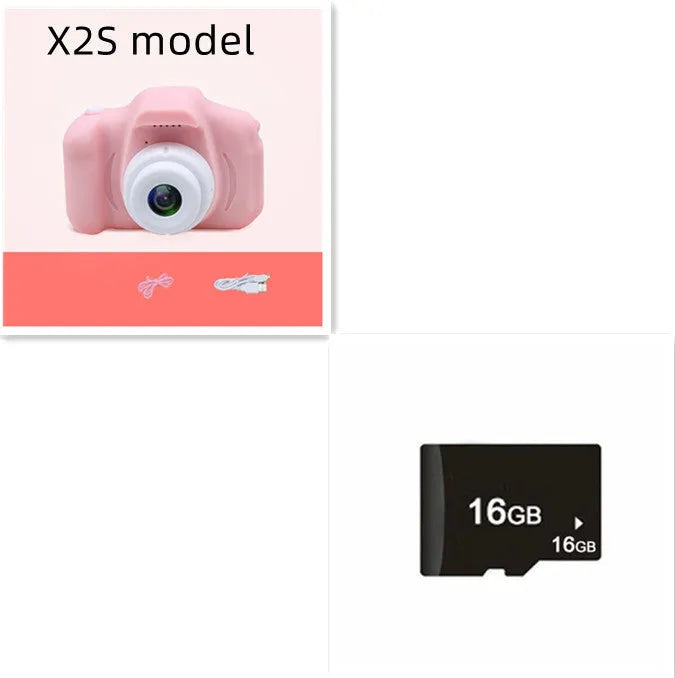 X2 HD mini digital camera for kids in silicone case with lanyard, shown capturing photo on 2-inch screen.