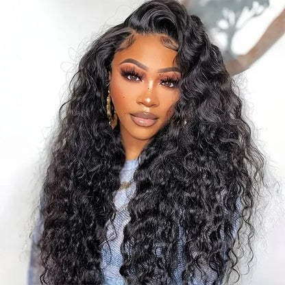 Front lace wig with small curly synthetic hair in a long length and dark colour, showing side bangs.