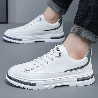 Men's white and black Korean style platform sneakers with elastic band and round toe.