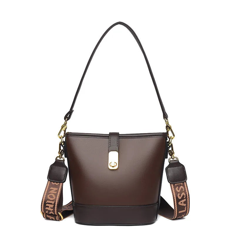 Soft black PU leather Korean style bucket bag with double shoulder straps and external pocket