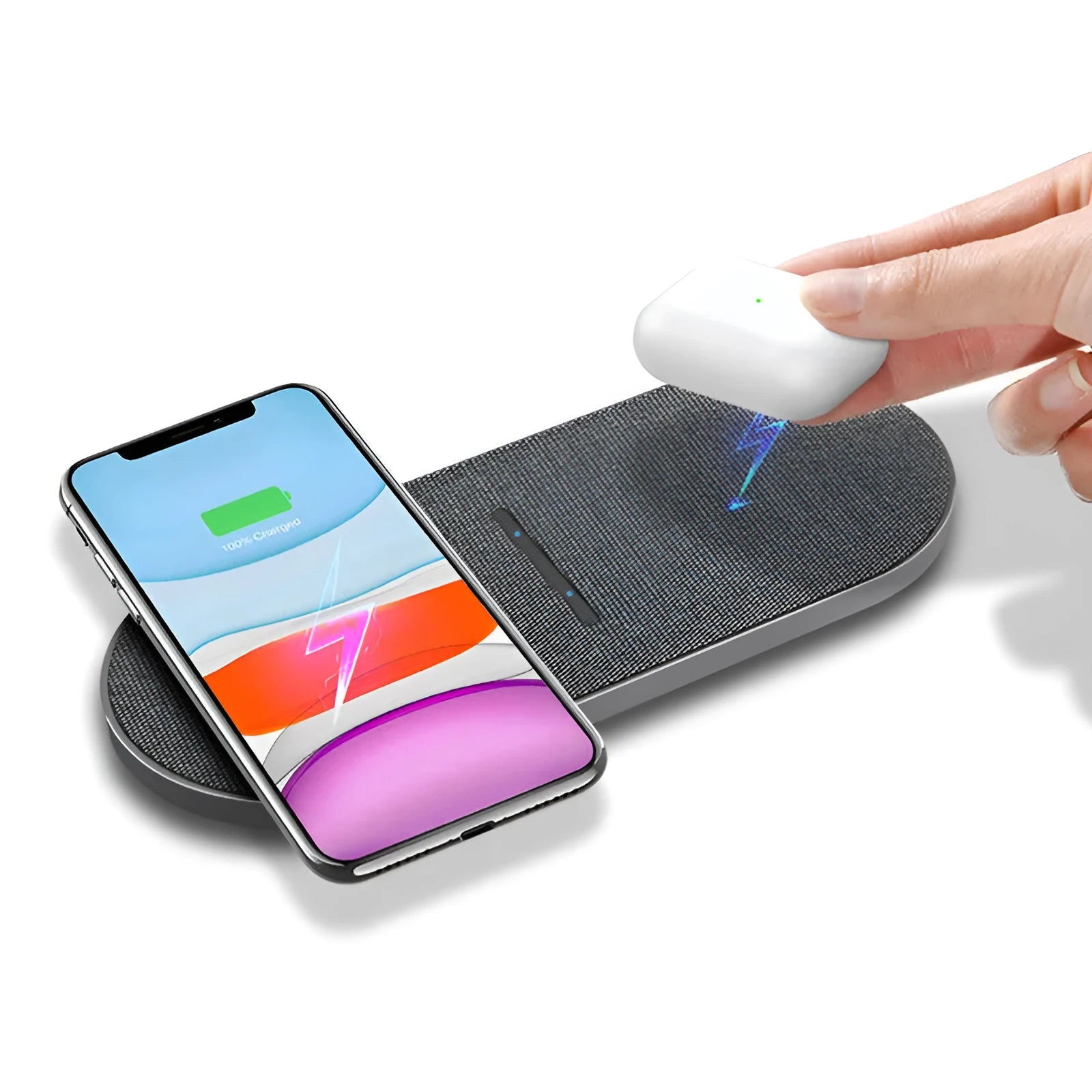 Black dual wireless charging pad set showing two round pads connected by a single Type-C cable.