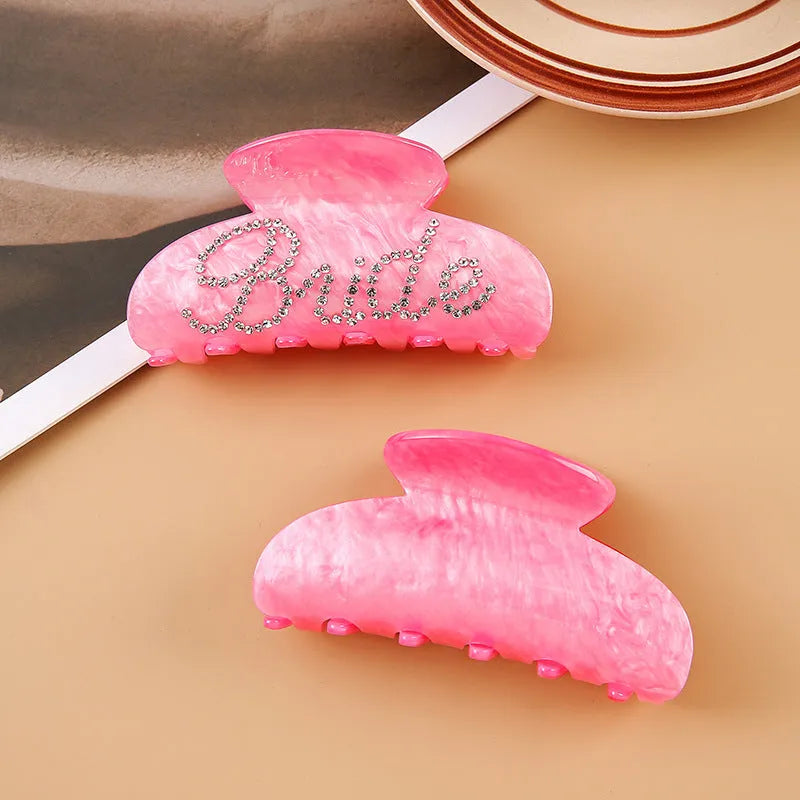 10cm pink acrylic shark hair clip with multi-diamond spot drill decoration and barrette clasp