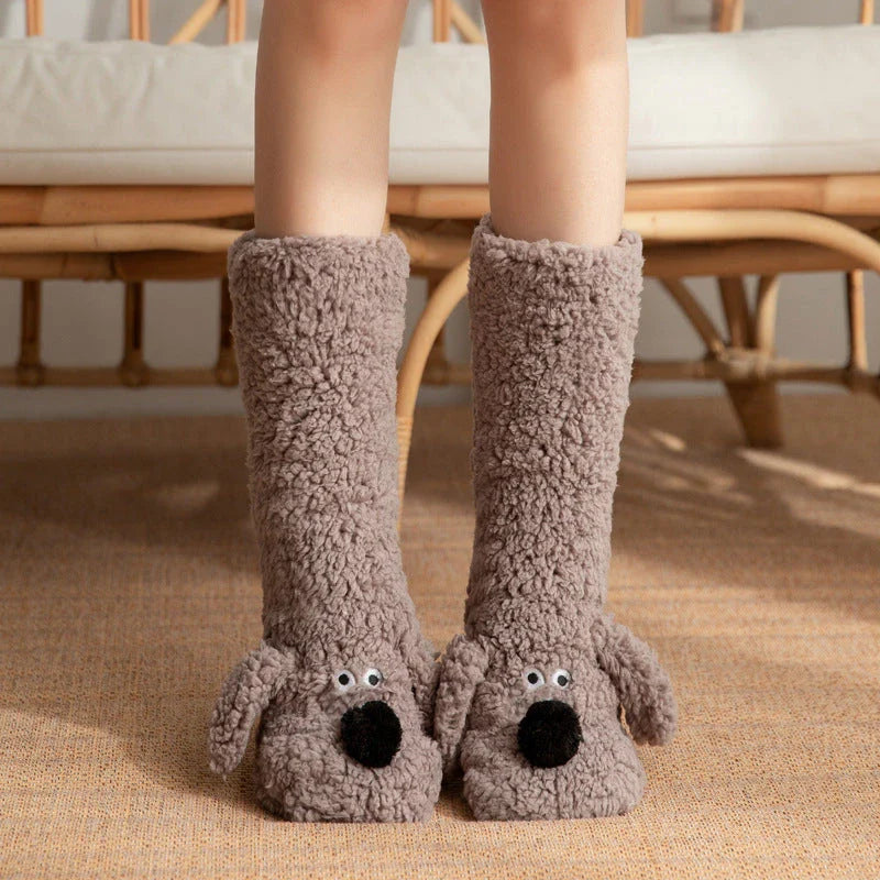 Cozy cartoon dog-themed floor socks in a variety of adorable designs, featuring soft acrylic fabric and non-slip soles