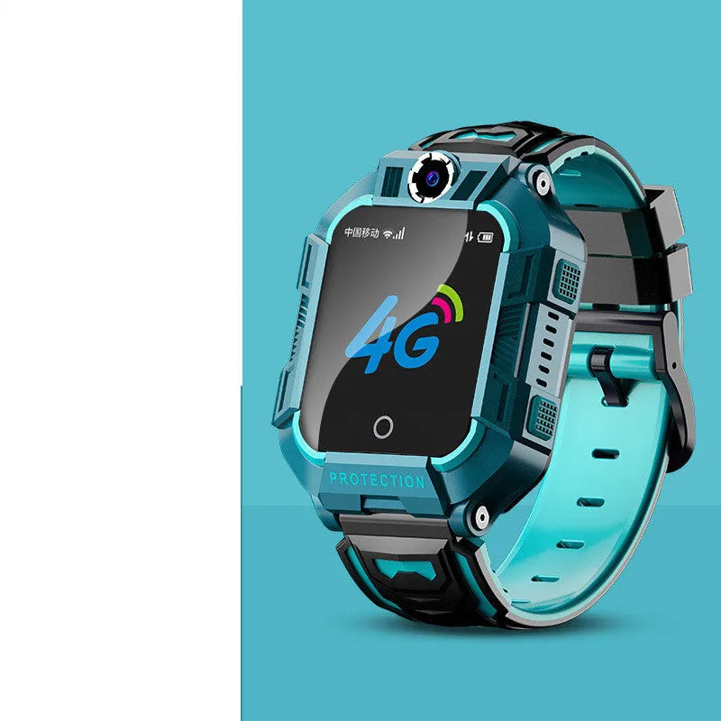 Green children's smartwatch phone with GPS on a silicone wristband, showing touchscreen and camera.
