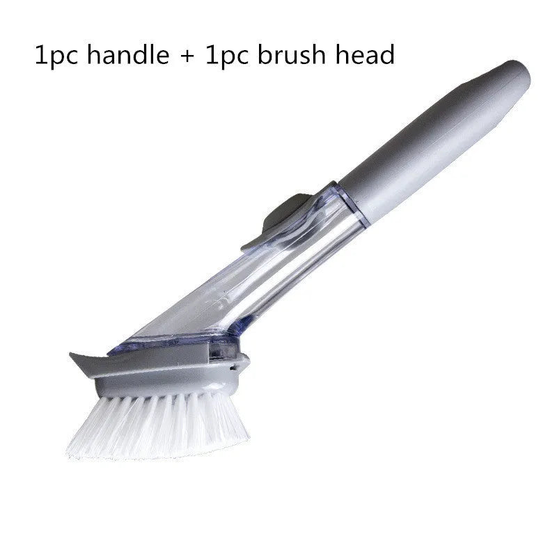 Long-handled 2-in-1 kitchen cleaning brush with removable brush head and integrated sponge