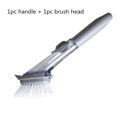 Long-handled 2-in-1 kitchen cleaning brush with removable brush head and integrated sponge