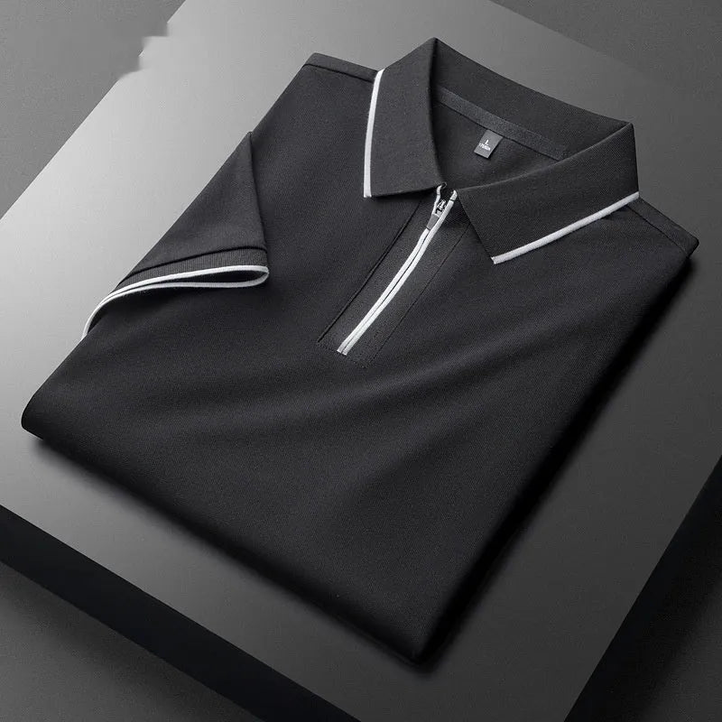 Men's slim fit lapel silk business casual short sleeve top in a cotton blend fabric.