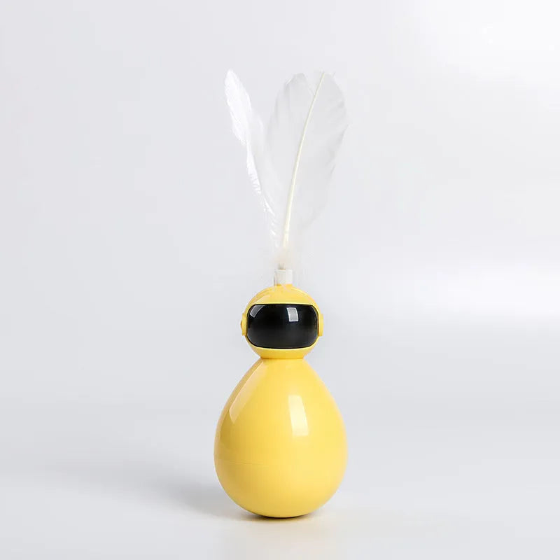 Tumbler cat toy in white, yellow, or pink with ABS body and feather replacement pieces.