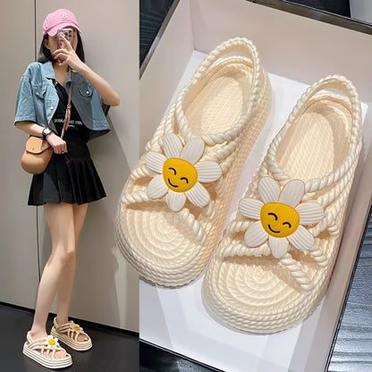 PVC non-slip sandals with round toe and floral decoration in beige colour