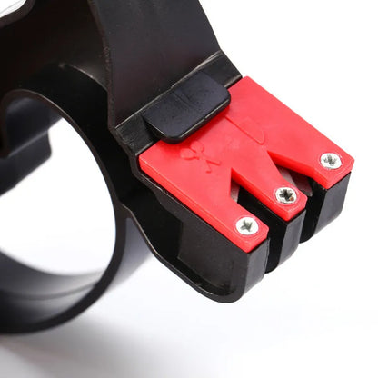 Black handheld ND-007 knife and scissor sharpener with ergonomic grip, showing ceramic and tungsten steel slots.