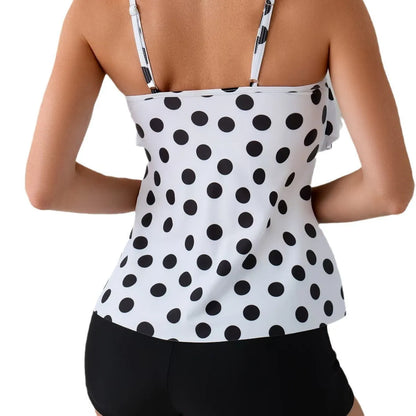 Women's black and white split swimsuit with double-shoulder straps and high-waist briefs