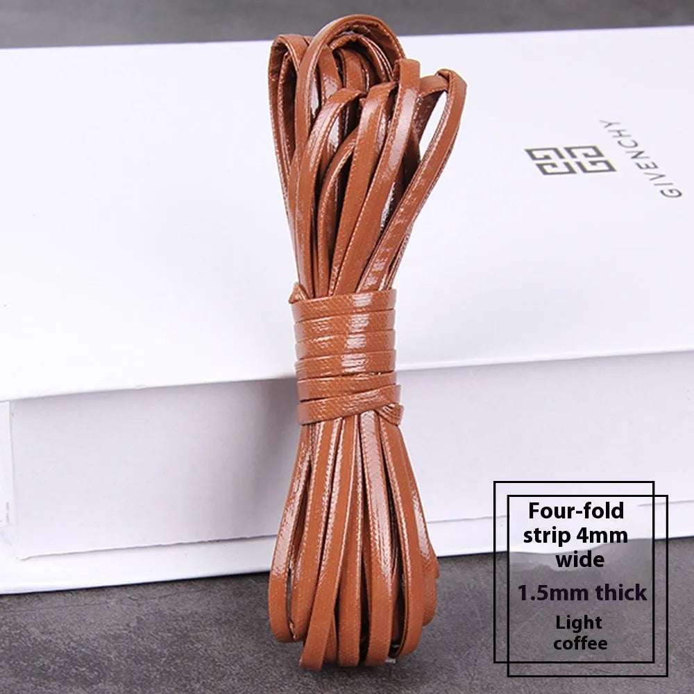 Coiled reels of PU leather craft string in multiple colours including beige, black, red, and blue.
