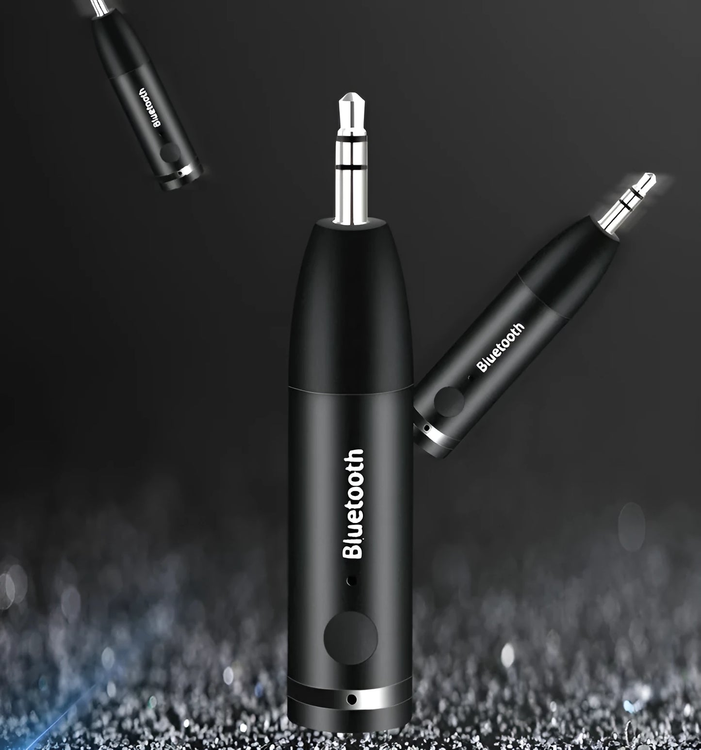 Black Bluetooth audio receiver with 3.5mm AUX jack for connecting to car stereos