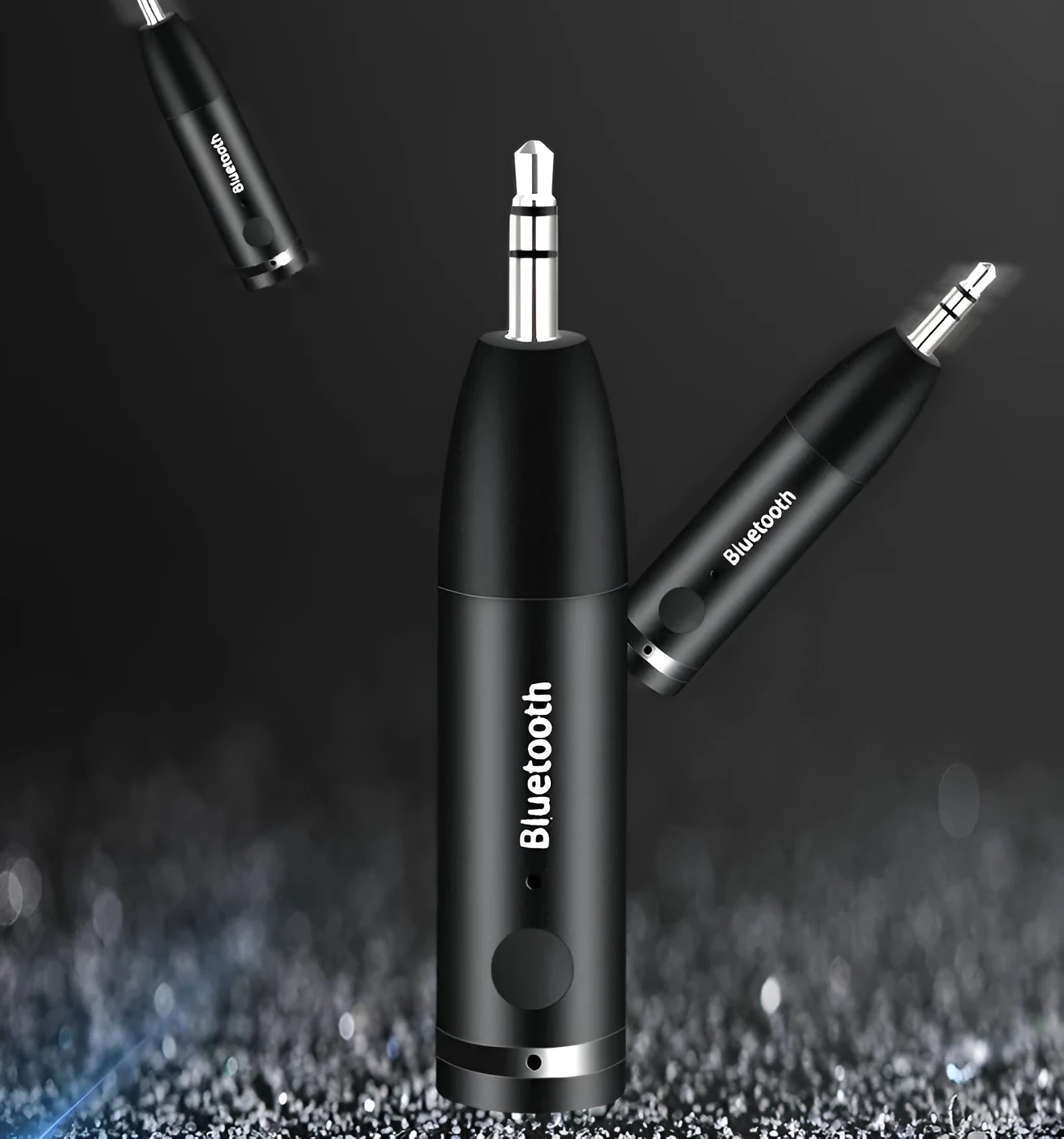 Black Bluetooth audio receiver with 3.5mm AUX jack for connecting to car stereos