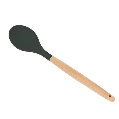 Dark grey silicone cooking utensils with wooden handles including spatula, spoon, whisk, and tongs