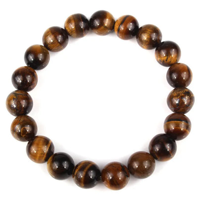 Natural tiger eye crystal bead bracelet showing round geometric beads on a wrist, available in multiple sizes and colour variations.