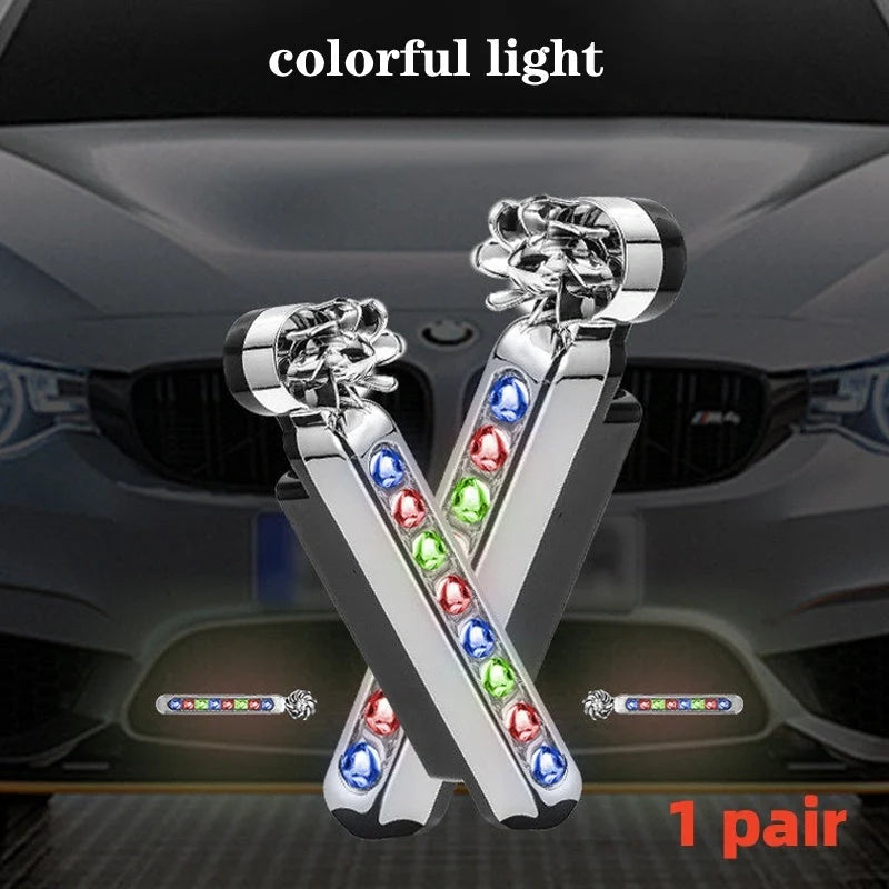 Wind-powered LED daytime running lights for cars and motorcycles in blue, white, and multicolour options