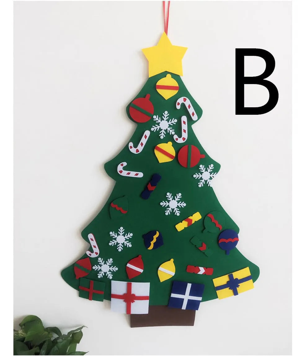 3D layered DIY felt Christmas tree with 32 decorations including Santa, reindeer, snowman, and stockings
