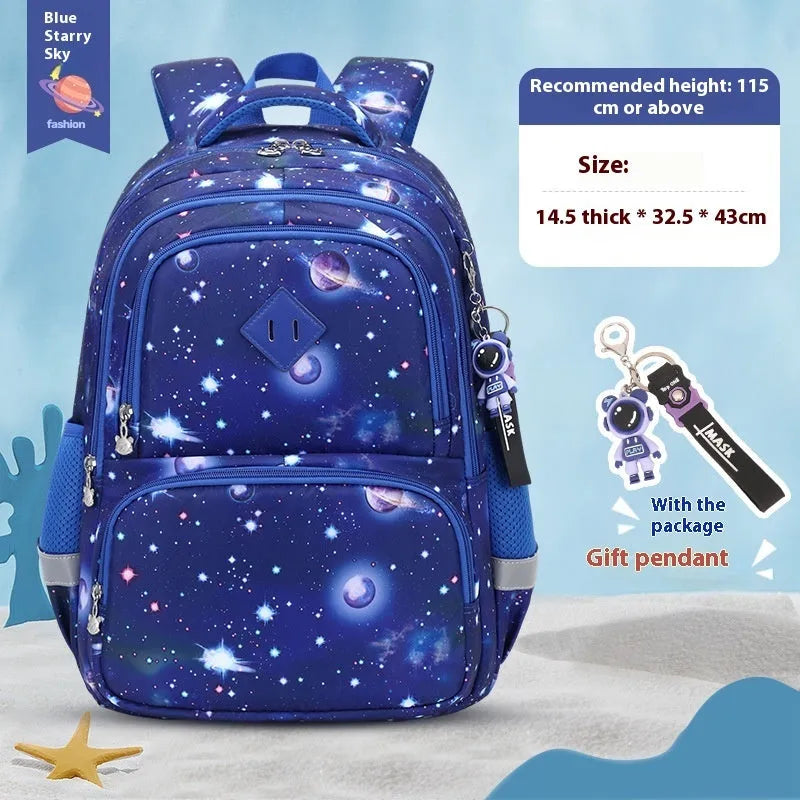 Blue children's school backpack with dinosaur pattern, showing curved shoulder straps and front pocket.