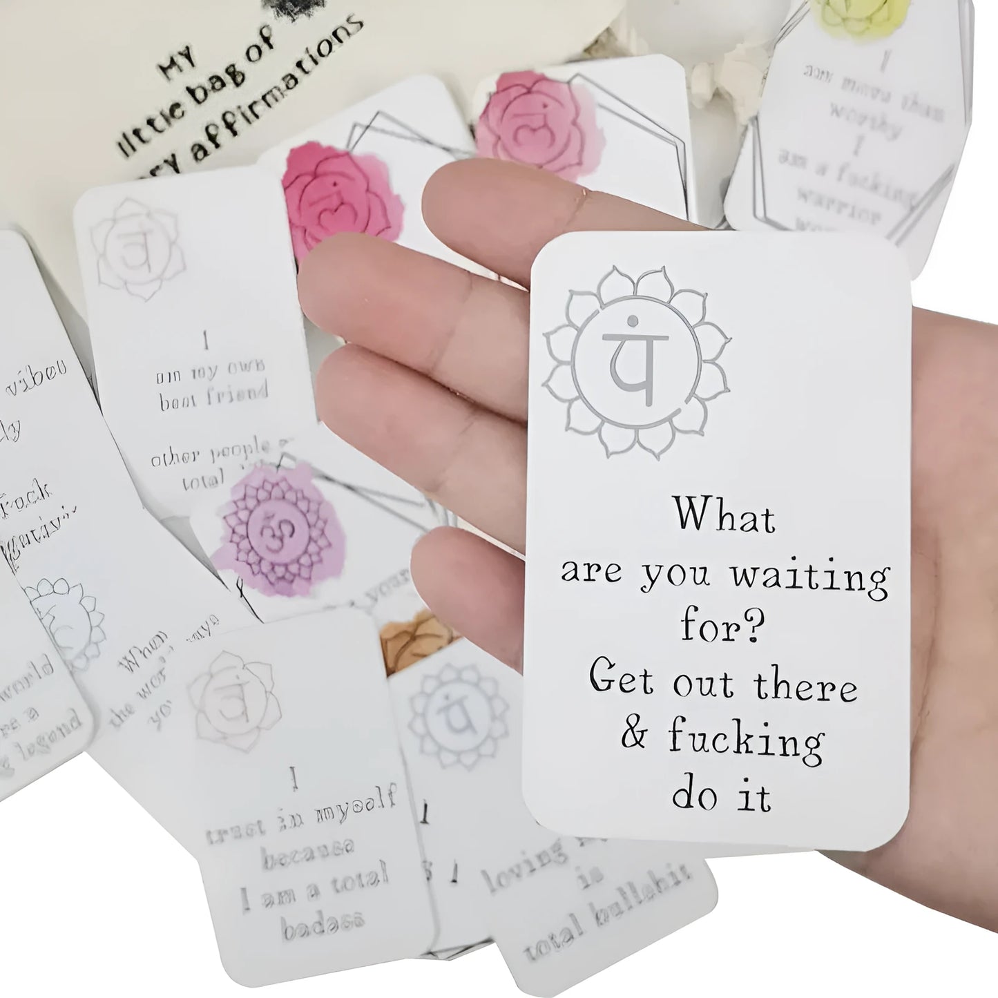 Funny affirmation card set showing 16 cards with soft healing designs in greeting card bag size