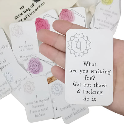 Funny affirmation card set showing 16 cards with soft healing designs in greeting card bag size