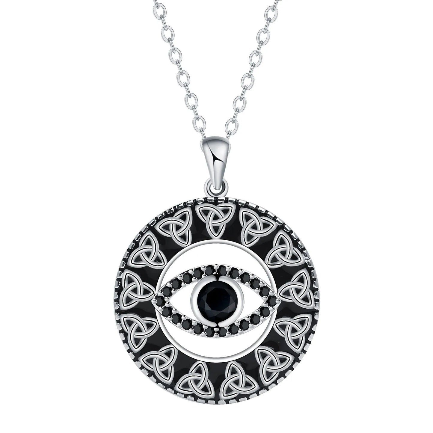 Close-up of a women's copper Devil's Eye pendant necklace on a cross chain, showing electroplated finish.